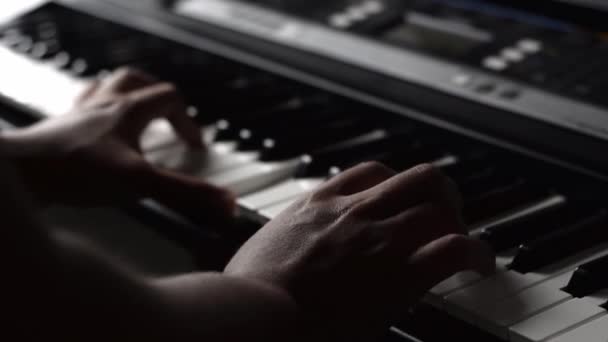 Detail Shot Young Latin Man Hands Brown Guy Playing Synthesizer — Stock Video