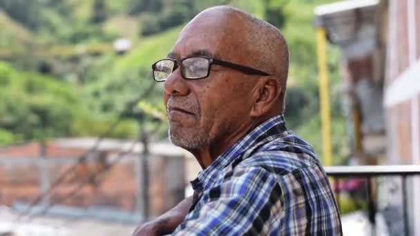 Latin Grandfather Very Smiling Happy Admiring Beautiful Colombian Landscapes Balcony — Stock Video