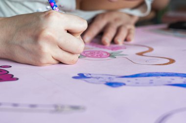 Genç bir Latin üniversite öğrencisinin, gastronomi öğrencisinin, renkli kalemleriyle bir karton üzerine resim çizmesinin detaylı görüntüsü. Deniz gastronomisinin boyama ürünleri.