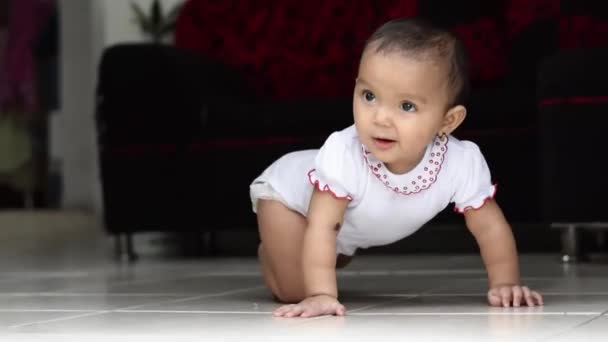 Beautiful Latina Baby Girl Brown Skin Floor Her House Sitting — ストック動画