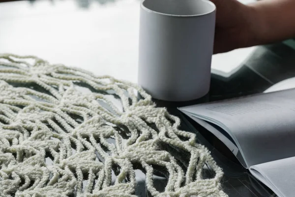 Tablecloth Dining Table Knitted Wool Crochet Technique Coffee Cup Next — Foto de Stock