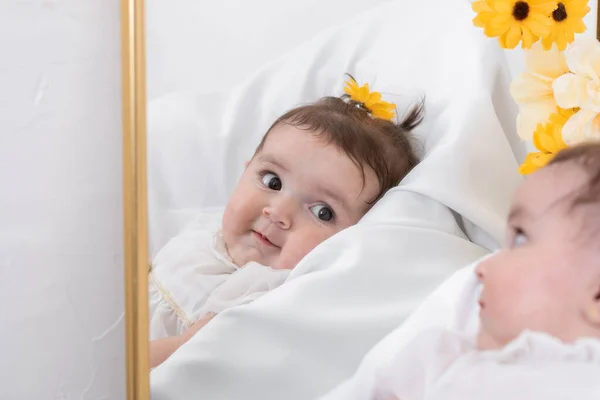 Beautiful Face Latin Baby Girl Seen Detail Reflection Large Mirror —  Fotos de Stock