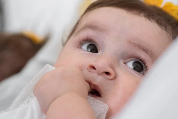 Close Face Beautiful Baby Curious Look Her Mother Sticking Finger — Stock Fotó