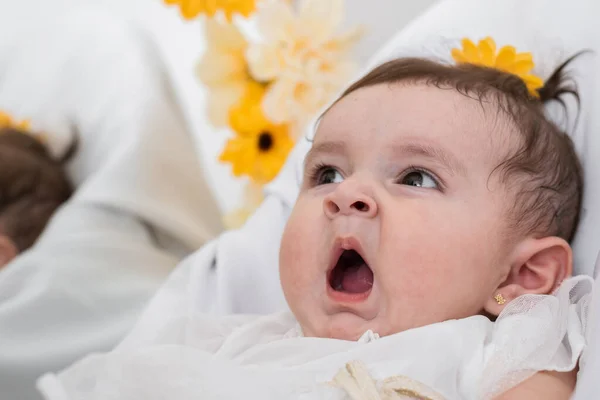 Detail Shot Beautiful Six Months Old Baby Girl Yawning Sleepy — Stock Fotó