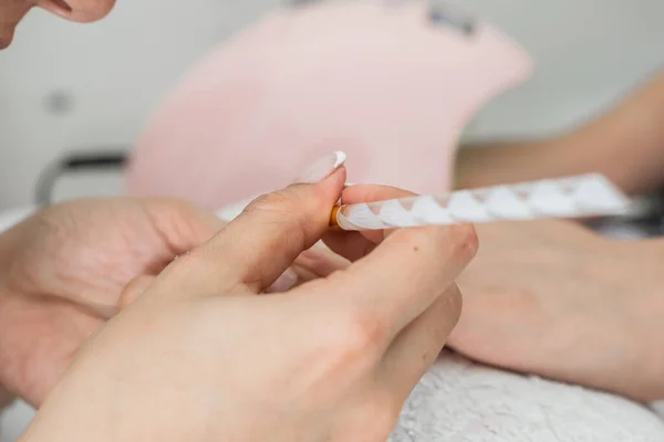 Detailed View Manicurist Girl Hands Taking Her Brush Apply Protective — ストック写真