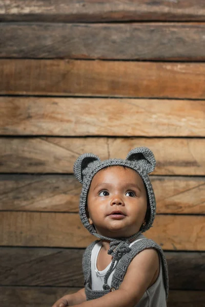 Beautiful Baby Latina Brown Skin Wearing Overalls Cap Mouse Ears — Foto Stock