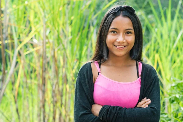 Portrait Beautiful Latin Peasant Girl Big Smile Posing Middle Sugar — Stock Photo, Image