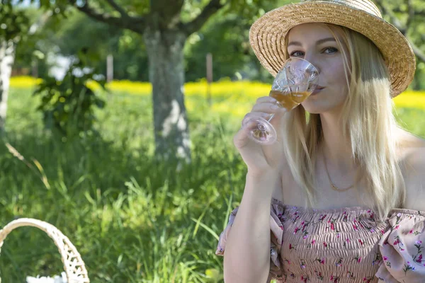 Cute girl drinking wine on vacation in the park