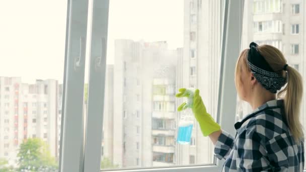 Trabalho Doméstico Limpeza Uma Mulher Luvas Lava Janela Com Pano — Vídeo de Stock