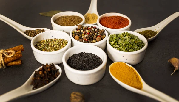 Spices Cooking Different Varieties Laid Out Shape Star White Bowls — Stock Photo, Image