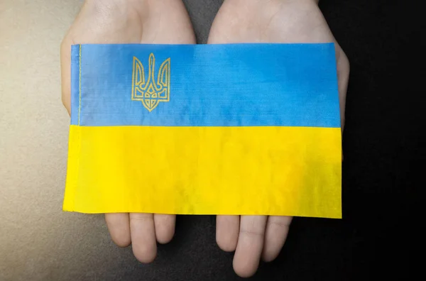 손에는 우크라 이나의 파란색 노란색 깃발이 러시아 2022 — 스톡 사진