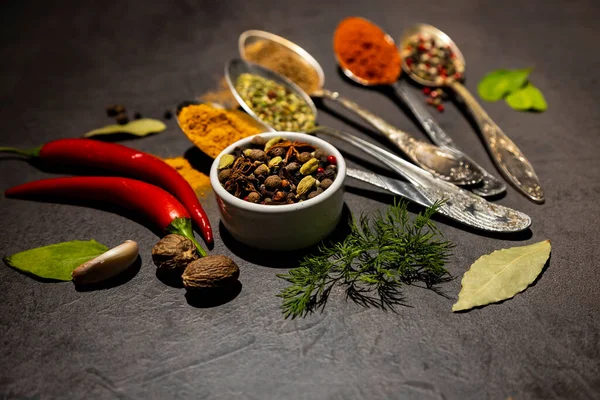 Culinary Condiments Various Herbs Spices Old Metal Spoons Dark Background — Photo