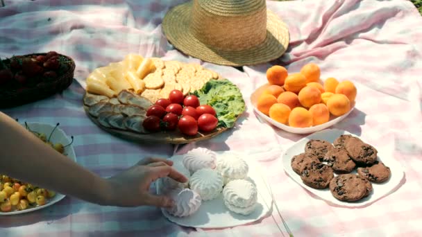 Close Hands Taking Sweet Marshmallows Picnic Park — Vídeo de Stock