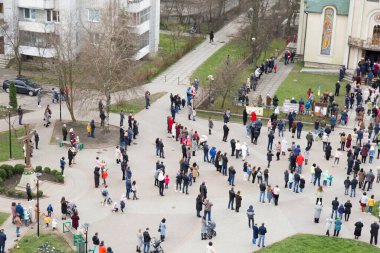 Consecration of willow branches on Palm Sunday near the Cathedral of Lviv, 2021. View from above
