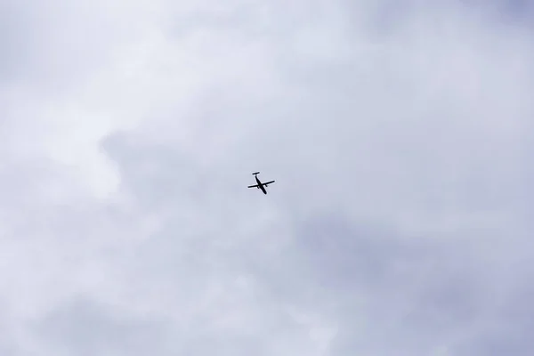 Bottom View Black Passenger Plane Taking Landing Bright Blue Sky — 스톡 사진