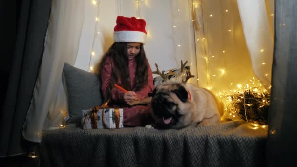 Маленькая милая девочка со своей забавной собакой-мопсом пишет письмо Санта-Клаусу с пожеланиями, сидя на подоконнике. — стоковое видео