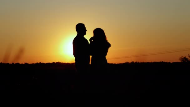 Ouders kussen en knuffelen hun baby, onherkenbaar silhouet van een gezin bij zonsondergang, familiewaarden — Stockvideo