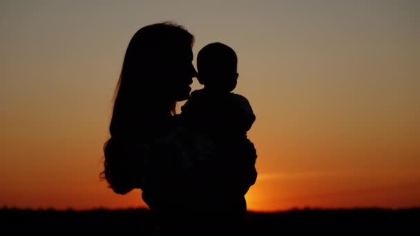 Zorgzame moeder houdt de baby in haar armen en kust hem, onherkenbaar silhouet bij zonsondergang — Stockvideo