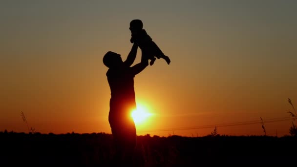 Feliz padre vomita a su bebé, silueta irreconocible al atardecer. — Vídeo de stock