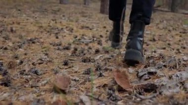 Kamera dişi bacakları takip eder, tanınmayan kız kozalaklı bir ormanda yürür, arkadan bakar. 