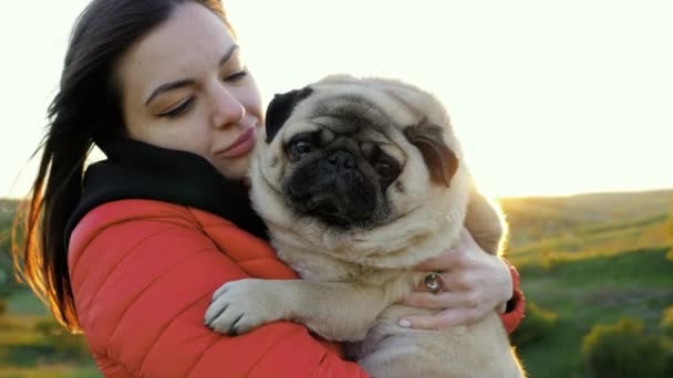 Potret wanita yang dekat memegang tangan anjing pug yang lelah, pelukan dan ciuman saat matahari terbenam — Stok Video