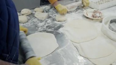 Kadınlar yarı bitmiş bir ürün fabrikasında hamur köftesi kalıpları, gıda üretimi