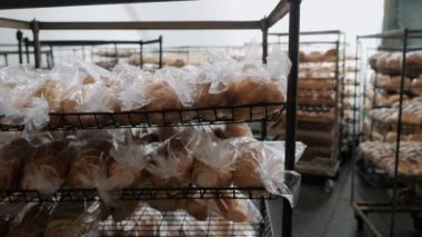 Taze pişmiş ekmek raflarda satılmaya hazırdır. Fabrikada ekmek yapma süreci.