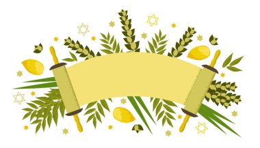 Sukkot, Simchat Torah. Yahudi tatili. Etrog, lulav, hadas, arava. Tevrat parşömeni.