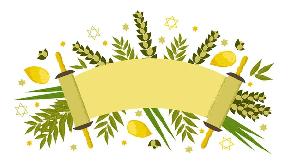 Sukkot, Simchat Torah. Vacances judaïques. Etrog, lulav, hadas, arava. Rouleau de la Torah. — Image vectorielle