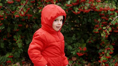 Arka planda dağ külleri olan kırmızı ceketli bir çocuk beline kadar fotoğraflanmış..