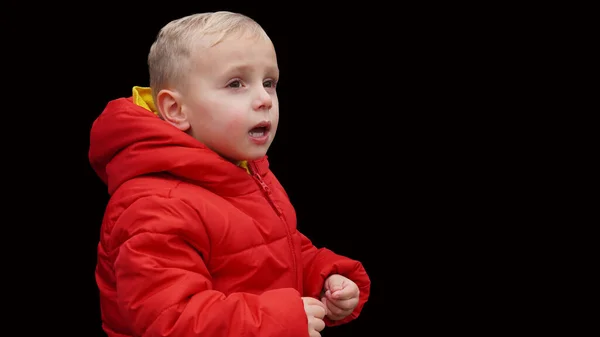 Criança Loira Uma Jaqueta Vermelha Fundo Preto Expressa Suas Emoções — Fotografia de Stock