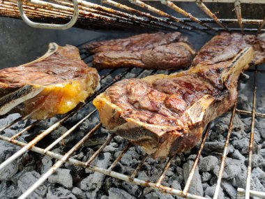 Kömürde büyük et parçaları, doğada öğle yemeği.