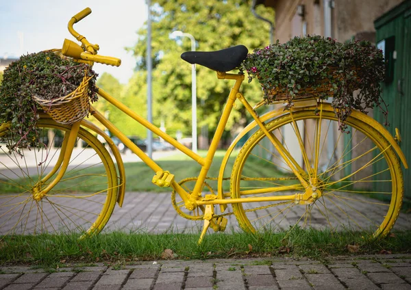 Bicicleta Amarilla Hierba Verde Amarillo Cadena Piñón Pedales Marco Neumáticos — Foto de Stock