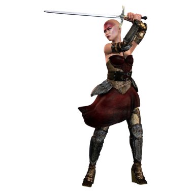 Ortaçağ Fantezi Savaşçısı Kadın, beyaz arka planda kılıç, 3 boyutlu illüstrasyon, 3 boyutlu canlandırma