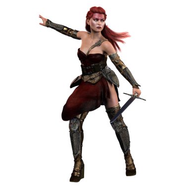 Ortaçağ Fantezi Savaşçısı Kadın, beyaz arka planda kılıç, 3 boyutlu illüstrasyon, 3 boyutlu canlandırma