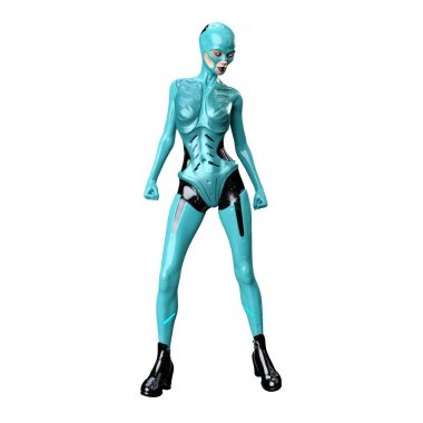 İzole edilmiş beyaz arka planda Cyborg kadın, 3 boyutlu resimleme, 3 boyutlu görüntüleme