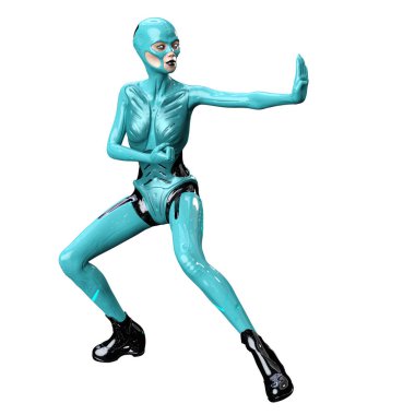 İzole edilmiş beyaz arka planda Cyborg kadın, 3 boyutlu resimleme, 3 boyutlu görüntüleme