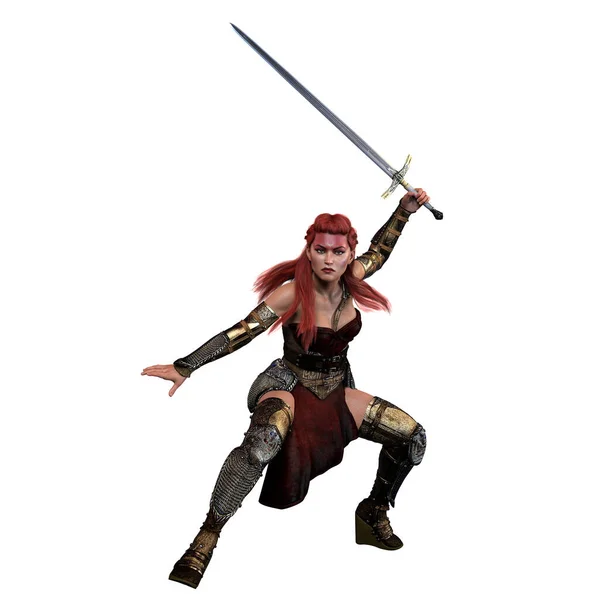 Medieval Fantasy Warrior Žena Mečem Izolovaném Bílém Pozadí Ilustrace Vykreslování — Stock fotografie