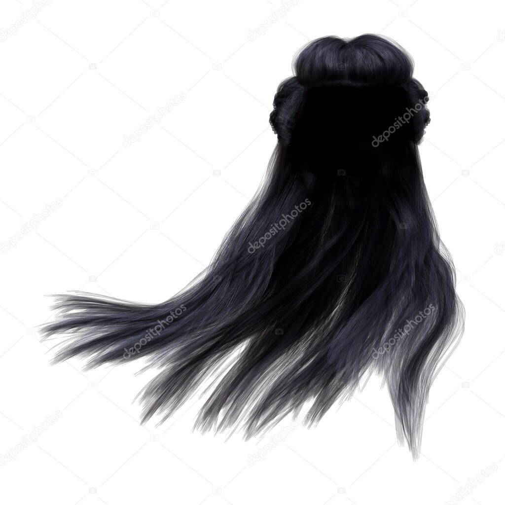 3d render, 3d illustration, fantasy long hair on isolated white background