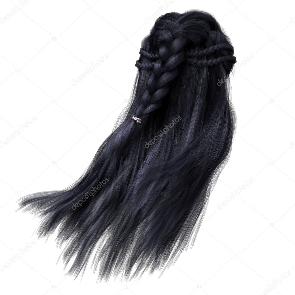 3d render, 3d illustration, fantasy long hair on isolated white background