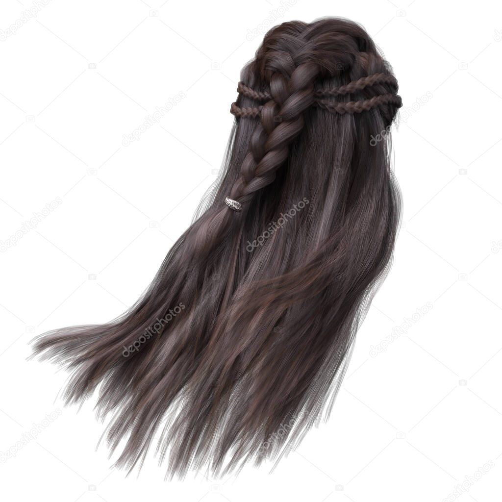 3d render, 3d illustration, fantasy long hair on isolated white background