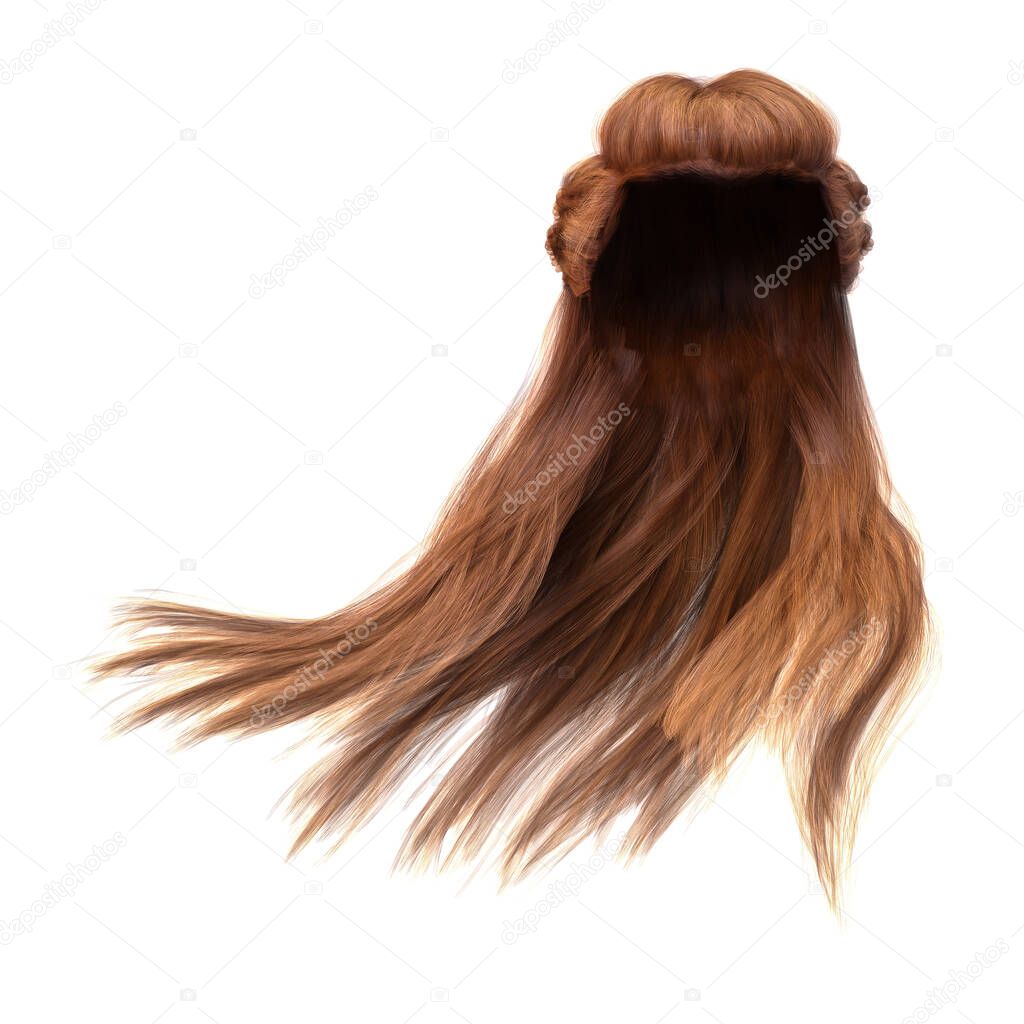 3d render, 3d illustration, fantasy long hair on isolated white background