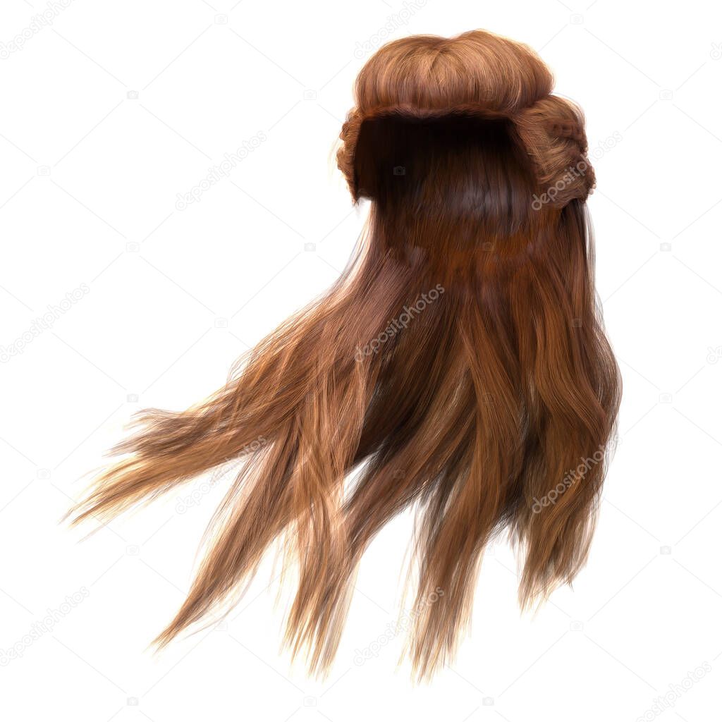 3d render, 3d illustration, fantasy long hair on isolated white background