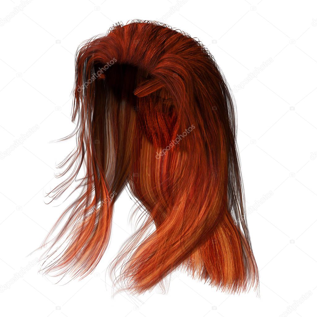 3d render, 3d illustration, fantasy long hair on isolated white background