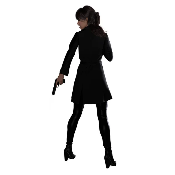 Kafkas Kadın Trençkotlu Silüet Silahla Zole Beyaz Arkaplan Görüntü — Stok fotoğraf