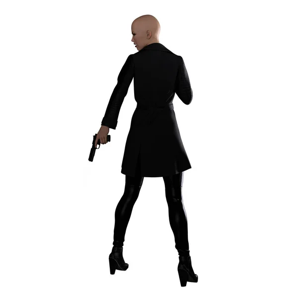 Sillhouette Gabardina Mujer Caucásica Con Arma Fondo Blanco Aislado Ilustración —  Fotos de Stock