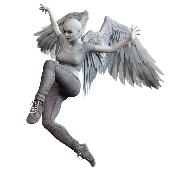 Gevallen Engel Met Witte Vleugels Blanke Vrouw Geïsoleerde Witte Achtergrond — Stockfoto