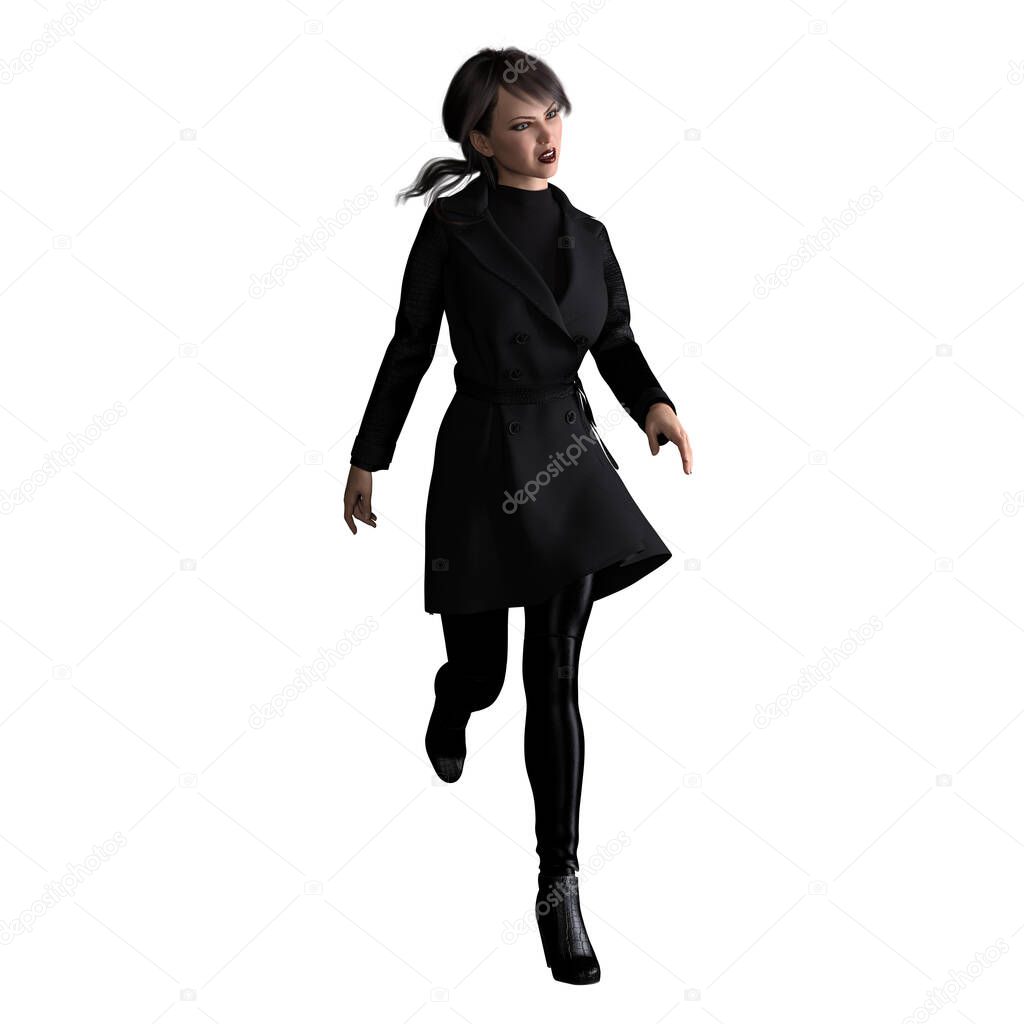 Caucasian Woman Trench Coat Sillhouette with Gun on Isolated White Background, 3D Rendering 3D illustration