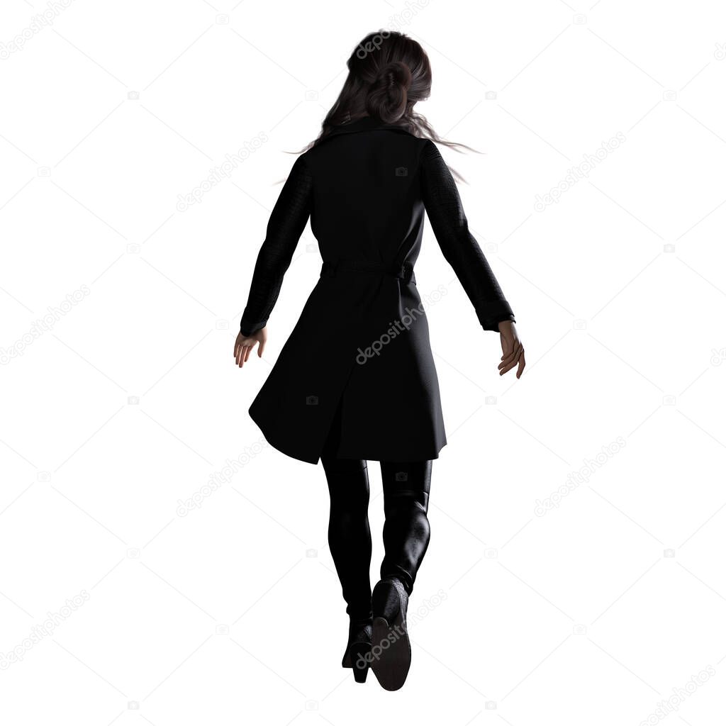 Caucasian Woman Trench Coat Sillhouette with Gun on Isolated White Background, 3D Rendering 3D illustration