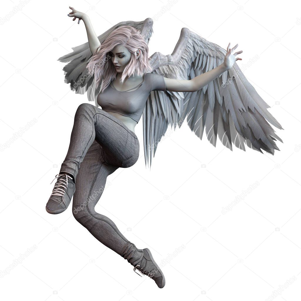 Fallen Angel with White Wings Caucasian Woman on Isolated White Background, 3D illustration, 3D Rendering